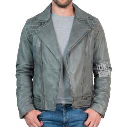 Mens Leather Biker Jacket - Hurricane - Vintage Grey - Unzipped