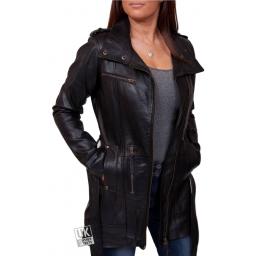 Womens Black Leather Coat - Asymmetric Zip - Front