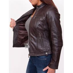 Womens Leather Biker Jacket - Jasmine - Brown - Lining