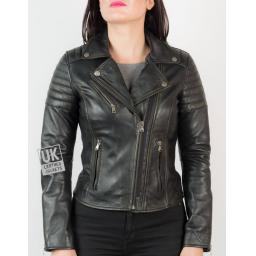 Womens Asymmetric Leather Biker Jacket - Grunge Black - Front