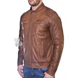 Mens Vintage Tan Leather Biker Jacket - Morgan - Front Zipped