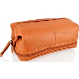 Tan Leather Wash Bag - Huangpu - Front View Side On