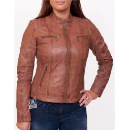 Womens Leather Biker Jacket - Jasmine - Vintage Tan - Zip Closed
