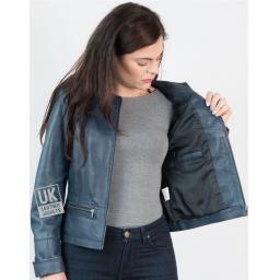 Womens Collarless Leather Jacket in Blue - Kilder - Lining