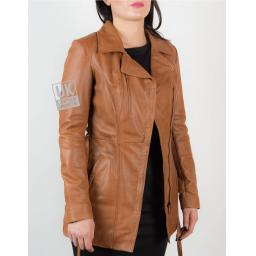 Womens Asymmetric Zip Tan Leather Coat – Hip Length – Eternity - Unzipped