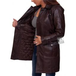Women's Brown Leather Duffle Coat - Detach Hood - Remy - Detail