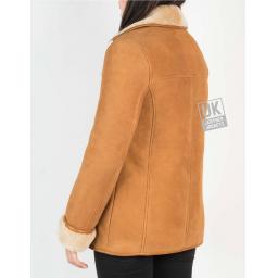 Womens Tan Shearling Sheepskin Jacket - Hip Length - Dana - Back