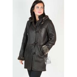Womens Lambskin Duffle Coat - Detach Hood - Brown - Full Front