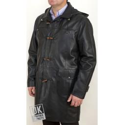 Men's Hooded Vintage Black Leather Duffle Coat - Plus Size - Monty - Cover
