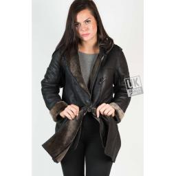 Womens Lambskin Duffle Coat - Detach Hood - Black - Inside Button