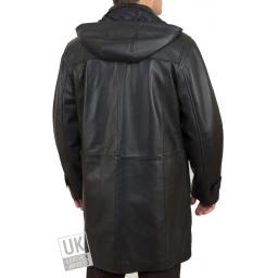 Men's Black Leather Duffle Coat - Detach Hood - Avon - Rear