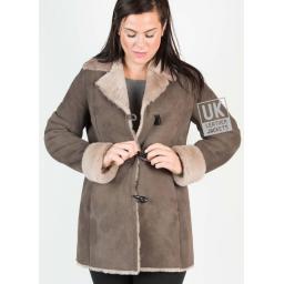 Womens Grey Shearling Sheepskin Jacket - 3/4 Length - Verity - Button Up