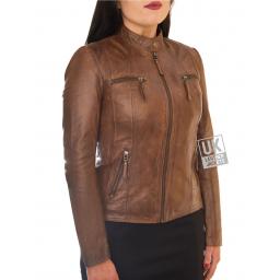 Women's Tan Leather Biker Jacket - Leone - Front