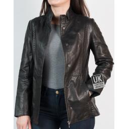 Womens Hip Length Zip Leather Jacket - Black - Unzipped