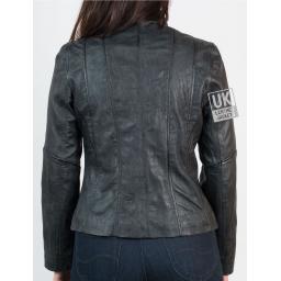 Ladies Black Classic Zip Leather Jacket - Crushed Finish