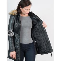 Womens Black Leather Coat - Montana - Detachable Hood - Lining