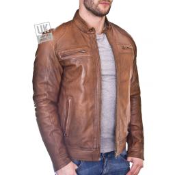 Mens Vintage Tan Leather Biker Jacket - Morgan - Front