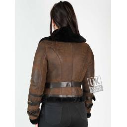 Womens Belted Shearling Sheepskin Jacket – Alana - Vintage Brown - Back