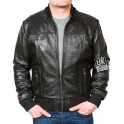 Men's Black Hooded Leather Bomber Jacket - Troy - Front no hood