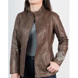Womens Hip Length Zip Leather Jacket - Brown - Unzipped