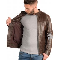 Mens Brown Leather Biker Jacket - Xen - Lining