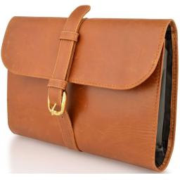 Tan Leather Wash Bag - Sepik - Front View Side On