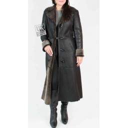 Womens Lambskin Full Length Coat - Midnight  Black -  Inside Button