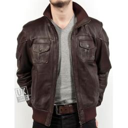 Men's Brown Leather Bomber Jacket - Pacer - Main