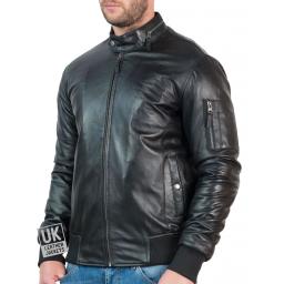 Men's Black Leather Bomber Jacket - Voltan - Front Zipped