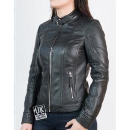 Womens Black Leather Jacket - Isla - Zip Out Jersey Hood - Front