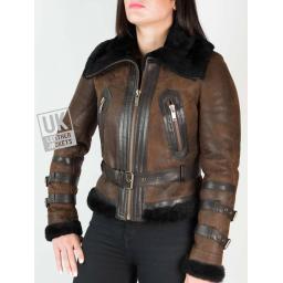 Womens Belted Shearling Sheepskin Jacket – Alana - Vintage Brown - Front