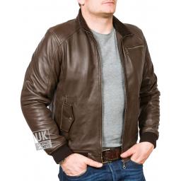 Men's Brown Leather Bomber Jacket - Axis - Side