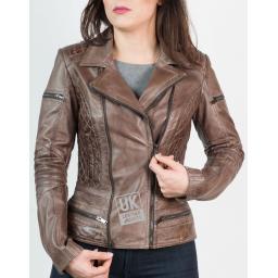 Women's Vintage Brown Leather Biker Jacket - Bonnaire - Left Zip