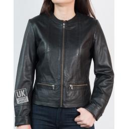 Womens Collarless Black Leather Jacket - Kilder - Front
