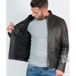 Men’s Leather Biker Jacket - Zurich - Burnished Black - Lining