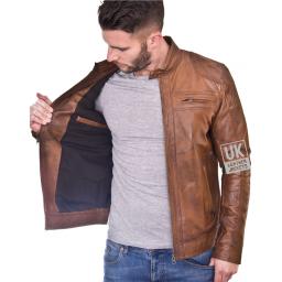 Mens Vintage Tan Leather Biker Jacket - Morgan - Lining