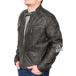Mens Charcoal Black Leather Biker Jacket - Rhett - Side