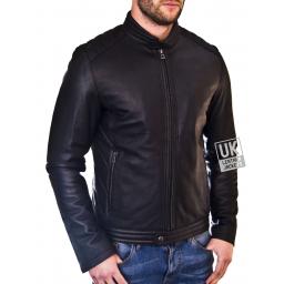 Mens Black Leather Jacket - Omega - Zipped