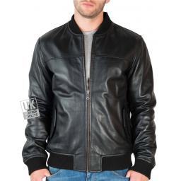 Men's Black Leather Bomber Jacket - Morton - Back
