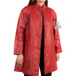Women's Red Leather Swing Coat - Jewel - Front