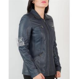 Womens Blue Leather Jacket - Muse - Hip Length - Front