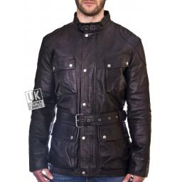 Mens Hip Length Leather Jacket - Longhurst - Black - Front Belted