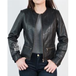 Womens Collarless Black Leather Jacket - Kilder - Unzipped