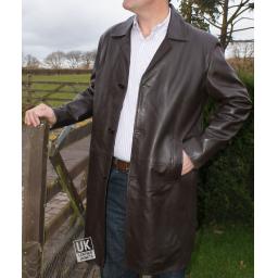 Men's Knee Length Brown Cow Hide Leather Coat - Saint - Unbuttoned