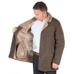 Mens Grey  Shearling Sheepskin Long Jacket - Foxhills - Wool Interior