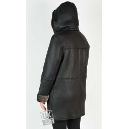 Womens Lambskin Duffle Coat - Detach Hood - Black - Back