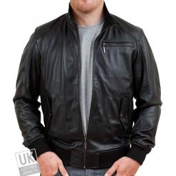 Men's Black Leather Bomber Jacket - Axis - Main