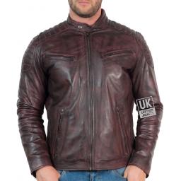 Men’s Leather Biker Jacket - Zurich - Vintage Burgundy - Zipped Front