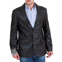 Men's Black 2 Button Leather Blazer - Double Vent - Superior - Buttoned