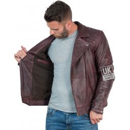 Mens Leather Biker Jacket - Hurricane - Burgundy - Lining